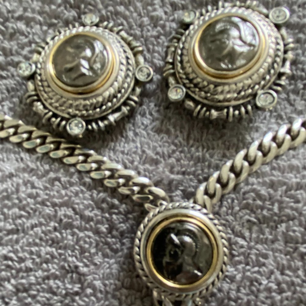 Silver plate necklace 18" (doubled), Earrings Silver and Gold Tone